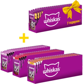Промо набор влажного корма Whiskas с говядиной в соусе 28 шт по 85 г + с курицей в желе 28 шт по 85 г + с лососем в соусе 28 шт по 85 г + Tasty Mix ягненок с индейкой 28 шт по 85 г (C4770608262590)