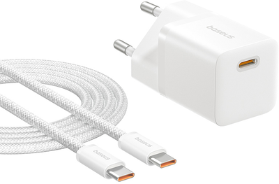 Ładowarka sieciowa Baseus GaN5 Fast Charger 1C 25W EU + Data Cable Type-C to Typ-C 100W Moon White (P10110909213-01)