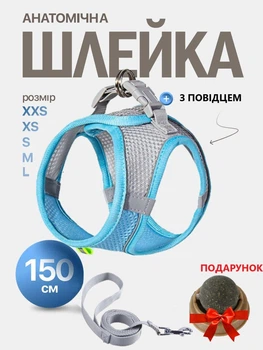 Шлейка з повідцем для котів та собак дрібних та середніх порід Розмір XXS Синій М'ята у подарунок