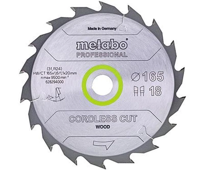 Пиляльний диск METABO 165*20 Z18 WZ 20° cordless cut wood - professional 628294000