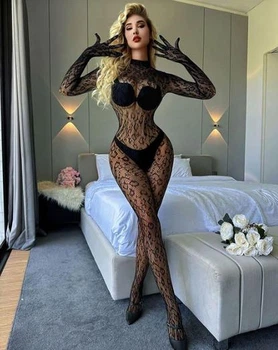 Еротичний комбінезон бодістокінг леопардовий інтимний бодістокінг Erotic Onesize чорний
