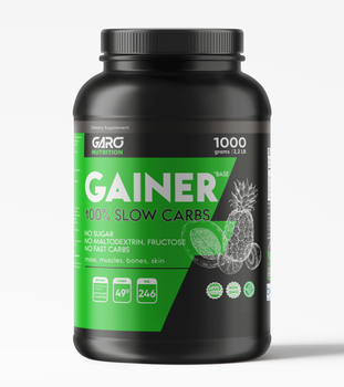 Гейнер Garo Nutrition 1 кг для набору маси та ваги худим на повільних вуглеводах без мальти мультифрукт