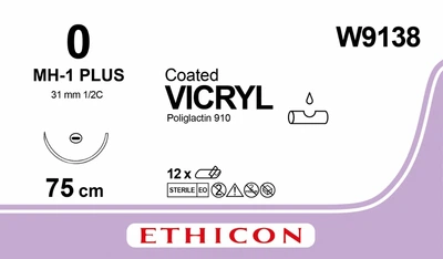 Викрил Ethicon LLC фиолетовый 75 см M3.5 USP0 одна игла MH-1 Plus Тип колющий Taper Point 31 мм 1/2 круга (W9138) (30705031129119)