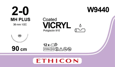 Викрил Ethicon LLC фиолетовый 90 см M3 USP2/0 одна игла MH Plus Тип колющий Taper Point 36 мм 1/2 круга (W9440) (30705031129904)