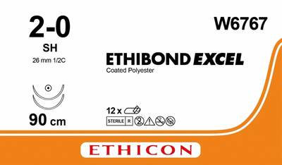 Этибонд Эксель Ethicon LLC зеленый 90 см M3 USP2/0 две иглы SH Тип колющий Taper Point 26 мм 1/2 круга (W6767) (30705031127351)