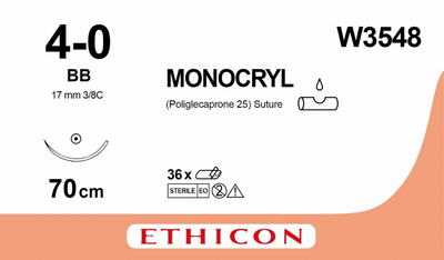 Монокрил фиолетовый Ethicon LLC 70 см M1.5 USP4/0 одна игла BB Тип колющий Taper Point 17 мм 3/8 круга (W3548) (30705031081066)