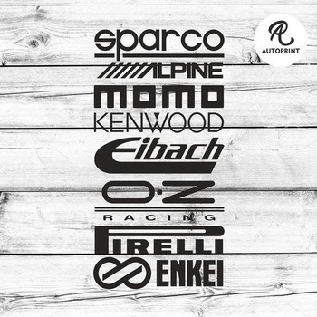 Наклейка на авто Oracal Набор автомобильных брендов Sparco Alpine Momo Kenwood Eibach OZ Pirelli Enkei Черная 20х10см (NA123-b2)
