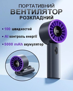 Портативный ручной складной Мини вентилятор с дисплеем, плавной регулировкой 100 скоростей, с аккумулятором 5000 мАh Handheld turbine fan черный/фиолетовый