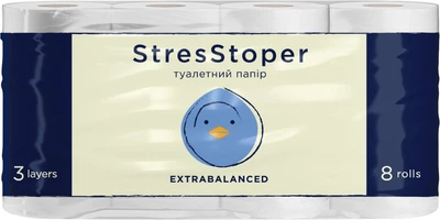 Туалетний папір Кохавинська папірня StresStoper Білий целюлозний 3 шари 8 рулонів 25 метрів 200 відривів (4820032451603)