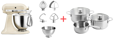 Планетарний міксер KitchenAid Artisan 5KSM175PSEAC з відкидним блоком кремовий+ у подарунок Набір посуду KitchenAid Stainless Steel 5 предметів