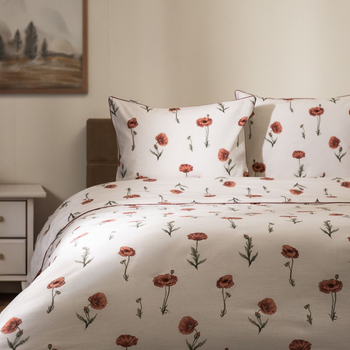 Комплект постільної білизни Homla Meadow Flowers King Size Підковдра 220 x 200 см + 2 наволочки 50 x 60 см бавовняний у маки з червоним кантом (5906496724855)