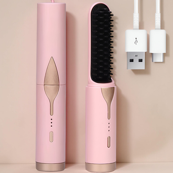 Мини-щетка выпрямитель для волос с аккумулятором, USB-зарядкой и 3 температурными режимами, розовая