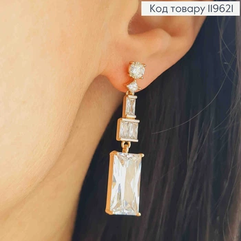 Сережки гвіздки з квадратними Блискучими камінцями, довж. 4,2 см, Xuping 18К