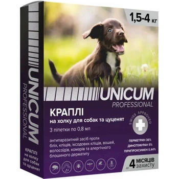 Капли для животных Unicum Pro от блох, вшей, волосоидов, комаров, москитов, иксодовых клещей для собак 1.5-4 кг/3 шт (4820150206512)