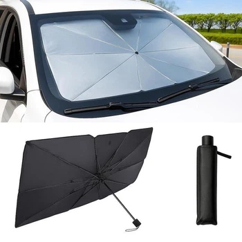 Солнцезащитный автомобильный зонт для лобового стекла Windshield Sun Shade Umbrella Small 120x65 см с чехлом Black
