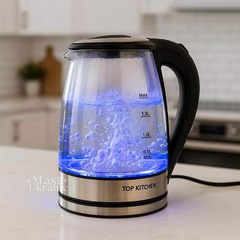 Электрочайник стеклянный с подсветкой Top Kitchen 2л, стильный прозрачный электрический чайник с подсветкой, дисковый чайник со стеклянной колбой и быстрым нагревом воды, для кухни, дома и офиса, TK-00238-Transparent/Black