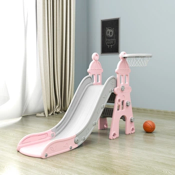 Дитяча гірка 2в1 Terrio Castle Pink 140 см гірка для малюків з баскетбольним кільцем гірка дитяча пластикова гірка для дому гірка для вулиці гірка з бортиками безпечна гірка з м’яким спуском для дітей від 1 року