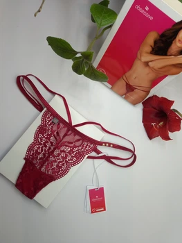 Жіночі трусики стринги Obsessive Ivetta L-XL бордові мереживо