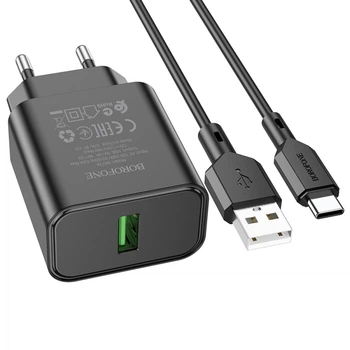 Сетевое зарядное устройство Borofone BA72A 18W / 3A USB с быстрой зарядкой QC3.0 + кабель Type-C Black