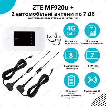 4G автомобільний WiFi комплект маршрутизатор ZTE MF920u + 2 автомобільні антени по 7 Дб