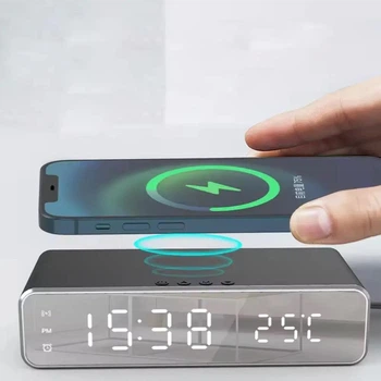 Зеркальные настольные часы с беспроводной зарядкой на 5W и будильником термометром Серые GS-7876