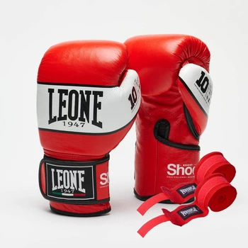 Боксерські M рукавиці Leone GN047 SHOCK Red 12 унцій (бинти 4 м. в комплекті)