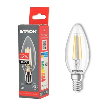 Світлодіодна лампа філаментна ETRON 1-EFP-1124 12W 4200K E14 C37 нейтральне світло, прозоре скло