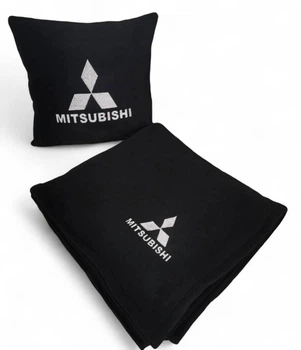Плед та подушка в авто з вишитим логотипом MITSUBISHI білий значок чорний фліс 260г/м2 розмір S