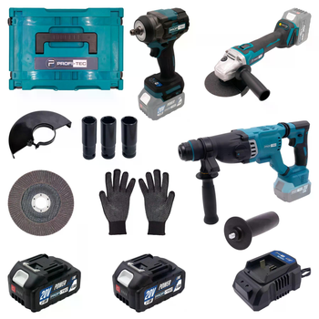 Акумуляторний набір із 3х інструментів PROFI-TEC Combo Set 3/7 (PBH201, DGA20, PTW502) (2 х PT2040MP (4.0 Aг), зарядний пристрій BC20V, кейс) + в наборі диск, захисні рукавиці, 3 головки: 19 / 21 / 22 мм (007164)