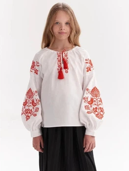 Дитяча вишиванка для дівчинки MEREZHKA Птахи червоні rd219 134 см Біла (2000036260018)