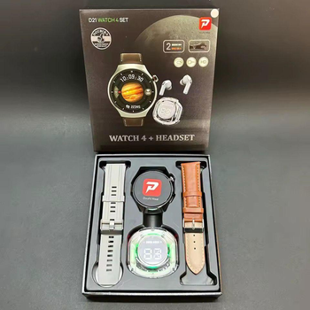 Набор мужской D21 Watch 4 SET Смарт часы круглые с 2 ремешками беспроводные наушники с экраном заряда для android и ios