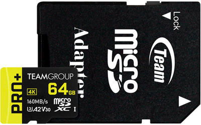 Карта памяти Team Pro+ MicroSDXC 64GB UHS-I U3 A2 V30 + SD adapter (TPPMSDX64GIA2V3003)