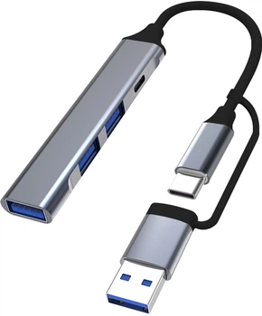 USB-хаб Dynamode USB 3.0 Type-C/Type-A на 4 порти: 1х USB3.0-C, 1х USB3.0-A, 2x USB 2.0-A, метал Темно-сірий (DM-UH-314AC)