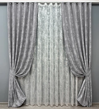 Комплект штор VR-Textil Жаккард Мрамор 100х270 2шт и Тюль 300х270 1668ш-1400т Серый с белым 71-001/1