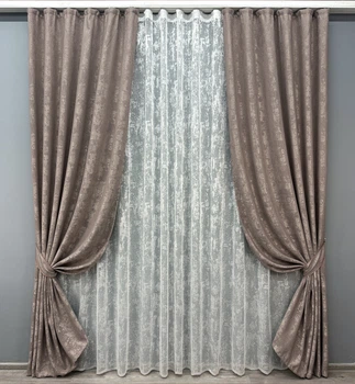 Комплект штор VR-Textil Жаккард Мрамор 150х270 2шт и Тюль 600х270 1669ш-1400т Какао с белым 71-008/5