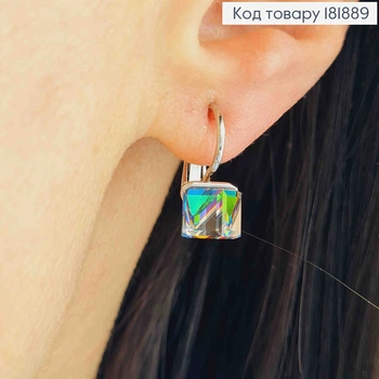Сережки родовані з Квадратним Зеленим каменем Сваровські Хамелеон, 1,5см, застібка левербек, Xuping