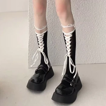 Гольфы длинные кружевные ажурные на завязках черно белые One size