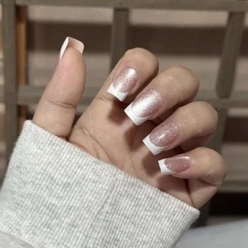 Накладные ногти для рук Nail Cat Eyes, кошачий глаз, френч маникюр, форма квадрат, средние, 24 шт