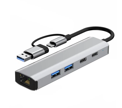 Сетевая карта Deepfox-2503 Gigabit Type C/Type A 6 in 2 алюминиевая USB 3.2 hub RJ45 адаптер сетевой 1000 Мбит/с