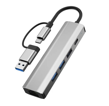 Сетевая карта Deepfox-2501 Gigabit Type C/Type A 6 in 2 алюминиевая USB 3.2 hub RJ45 адаптер сетевой 1000 Мбит/с