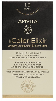 Farba do włosów Apivita My Color Elixir 1.0 Black 50 ml + Utleniacz 75 ml + Odżywka 2x15 ml + Jednorazowe rękawiczki + Instrukcja (5201279076962)