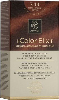 Farba do włosów Apivita My Color Elixir 7.44 Blonde Intense Copper 50 ml + Utleniacz 75 ml + Odżywka 2x15 ml + Jednorazowe rękawiczki + Instrukcja (5201279077297)