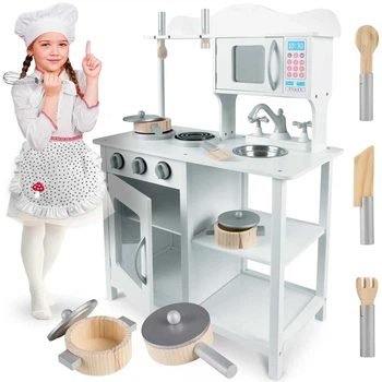 Деревянная детская кухня XL Ricokids 7835 с посудой и аксессуарами 85×60×30 см Белая Польша