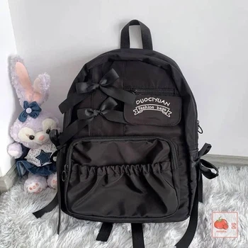 Рюкзак для дівчинки шкільний з бантиками Rentegner AV323 для п'ятого класу підлітковий міський чорний жіночі портфелі до школи зі стрічками