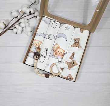 Набор для новорожденного: 4 пеленки и грызунец с держателем a.l.babybox Теди