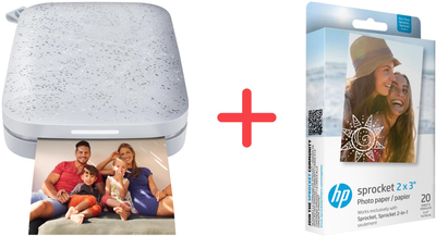 Фотопринтер HP Sprocket 2x3" White (HPISPW)+ Фотопапір HP Sprocket Zink 2x3" Глянцевий Самоклеючий 20 л у подарунок!