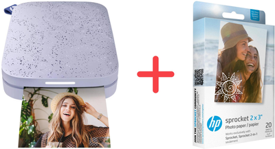 Фотопринтер HP Sprocket 2x3" Sprocket Purple (HPISPPR)+ Фотопапір HP Sprocket Zink 2x3" Глянцевий Самоклеючий 20 л у подарунок!