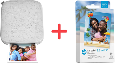 Фотопринтер HP Sprocket 3x4" Grey (HPISP3X4W)+ Фотопапір HP Sprocket Zink 3.5x4.25" Глянцевий Самоклеючий 50 л у подарунок!