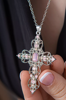 Ланцюжок із кулоном ажурний хрест Fashionn Jewerly зі стразами рожевий колір у корейському готичному стилі y2k аніме (SVS)