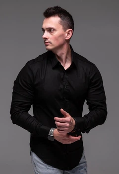 Рубашка мужская льняная с длинным рукавом L черная (2389)